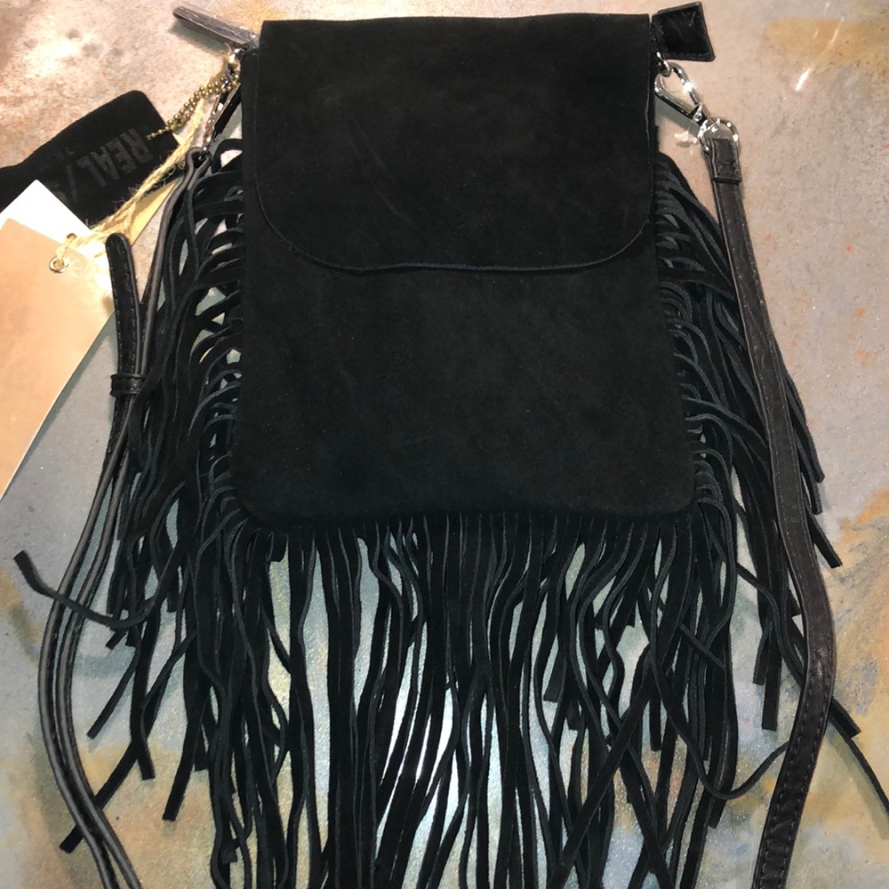 Black Genuine Suede Shoulder Bag with Tassels NWT